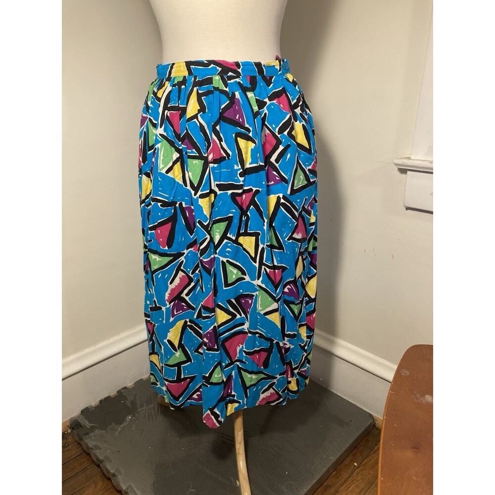 Vintage 80's Pop Art Print Blue Midi Skirt USA w/ POCKETS Sz 9 small rayon Summe